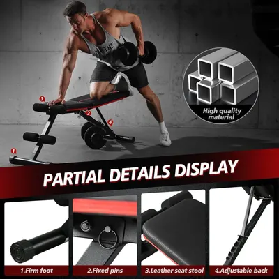 This image breaks down the workout bench by highlighting its key physical components and construction features, reassuring shoppers of the product's quality build and functional design elements.…