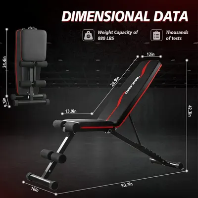 Provides exact dimensional measurements and weight capacity to help shoppers understand the physical size and load-bearing capability of the workout bench. Highlights the impressive weight capacity…