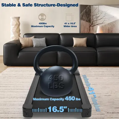 Communicates the treadmill's high weight capacity and wider running surface to reassure shoppers about stability, safety, and suitability for various body types. Reinforces the product's structural…
