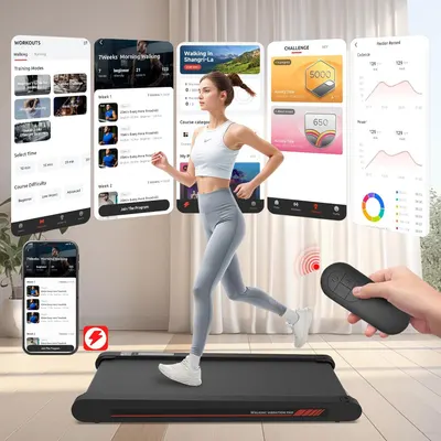 Demonstrates the treadmill's comprehensive app ecosystem with multiple workout programs, challenge tracking, performance metrics, and remote control functionality to show shoppers the complete…