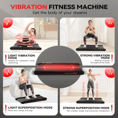 Showcases the four distinct vibration modes of the fitness machine, each designed for different workout intensities and benefits, from meditation and stretching to muscle activation and enhanced…