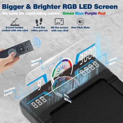 Showcases the treadmill's advanced RGB LED screen and multiple features including incline control, fitness tracking, and one-click controls to demonstrate the product's comprehensive functionality…