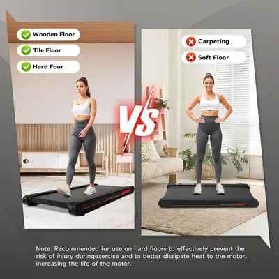 Demonstrates which floor types are suitable versus unsuitable for the treadmill, reassuring shoppers about safe usage on hard floors while warning against soft surfaces. Communicates the key benefit…