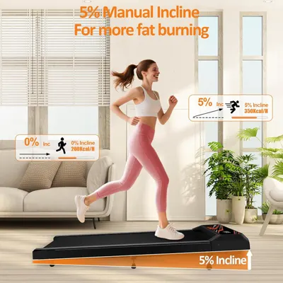 Demonstrates the superior fat-burning capability of the 5% incline setting (350 kcal/H) compared to 0% incline (200 kcal/H), showing shoppers the enhanced workout effectiveness of the manual incline…