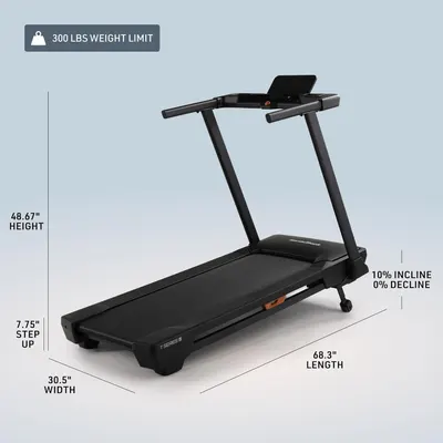 Communicates the exact physical dimensions of the treadmill (height, width, length, step-up height) and its 300 lbs weight capacity, helping shoppers assess whether it fits their space and needs.…