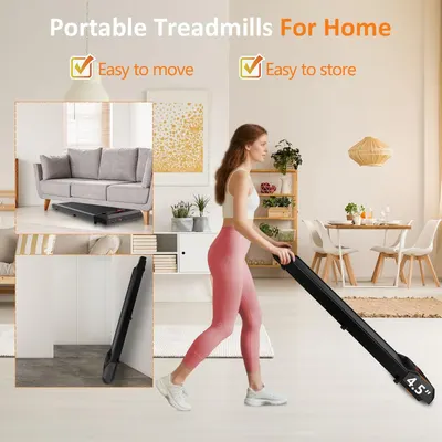 Demonstrates the treadmill's space-saving portability by showing it can be easily moved and stored in a home environment, addressing common concerns about fitness equipment taking up too much space.