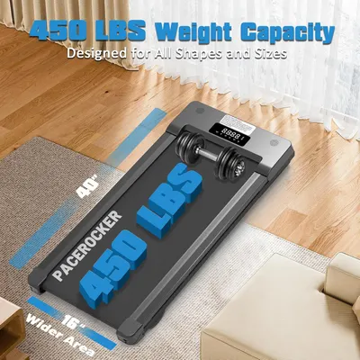 Communicates the treadmill's high weight capacity to reassure shoppers that it can accommodate users of all shapes and sizes safely and reliably. Shows the treadmill in a real home setting to help…