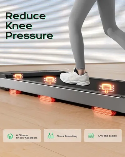 Communicates multiple distinct benefits of the treadmill through visually segmented callouts at the bottom, showing shock absorption technology, knee pressure reduction, and safety features to…