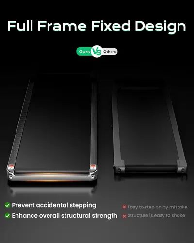 Demonstrates the superiority of this treadmill's full-frame fixed design over competitors by showing how it prevents accidental stepping and enhances structural strength, reassuring shoppers about…