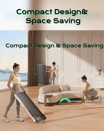 Demonstrates how the treadmill can be folded and stored compactly to save space in the home, making it ideal for small living areas.