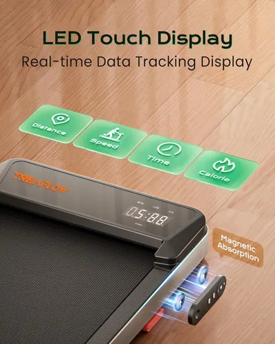 Communicates multiple distinct features of the treadmill including the LED touch display with real-time tracking metrics and the magnetic absorption mechanism, demonstrating the product's advanced…