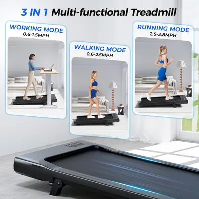 Demonstrates the three distinct use cases of the treadmill (working while walking, casual walking, and running) to show its versatility and multi-functional capability for different fitness and…