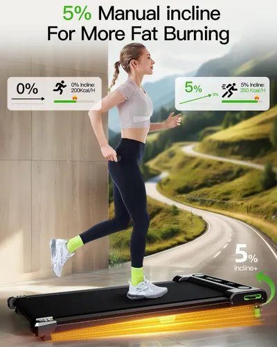 Demonstrates that the 5% manual incline feature burns significantly more calories (350 Kcal/H) compared to 0% incline (200 Kcal/H), positioning the product as superior for fat burning and workout…