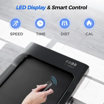 Communicates the product's smart control capabilities and LED display that tracks multiple workout metrics (speed, time, distance, calories) to reassure shoppers of its advanced monitoring features.