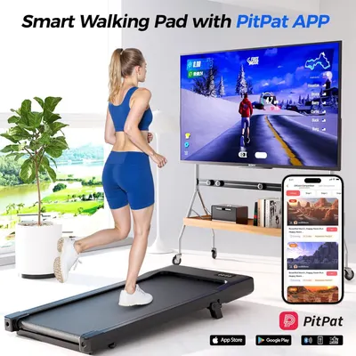 Demonstrates multiple use cases of the smart walking pad: interactive gaming on TV, app-based workout tracking, and virtual running experiences to show versatility and engagement options. Highlights…