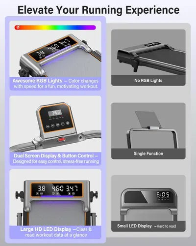 This image demonstrates the superiority of the featured treadmill by comparing its premium features (RGB lights, dual screen display, large HD LED display) against a generic competitor lacking these…