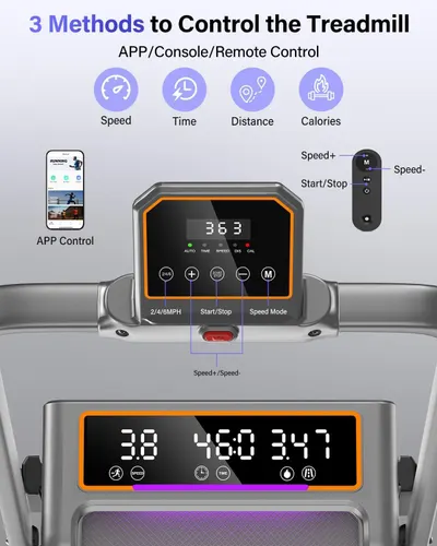 Explains the three different methods available to control the treadmill (app, console, and remote), helping shoppers understand the ease of use and flexibility of the control system. Showcases…