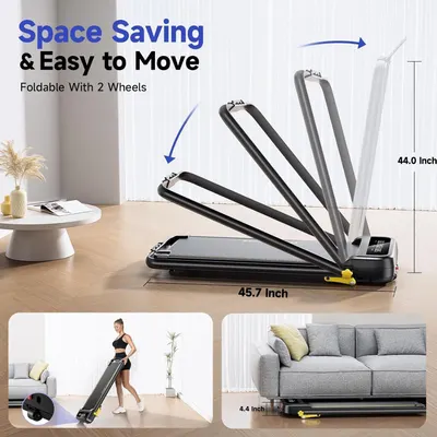 Demonstrates the treadmill's space-saving foldable design with exact dimensions (45.7 x 44.0 x 4.4 inches) and portability features to reassure shoppers it fits in small spaces and is easy to store.…