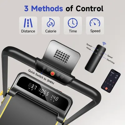 Demonstrates the treadmill's versatility by showcasing three distinct methods of control (distance, calorie, time, speed) along with multiple control interfaces including quick speed switching,…