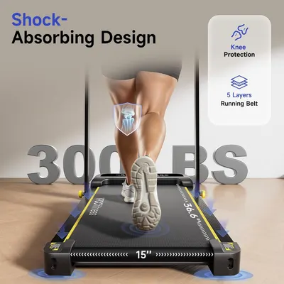 Communicates multiple distinct benefits of the treadmill including shock absorption technology, knee protection, and the 5-layer running belt construction to reassure shoppers about safety and…