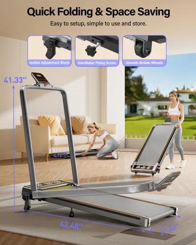 Highlights the key physical components and mechanisms of the treadmill to help shoppers understand its construction and functional parts. Communicates the primary benefit of easy storage and space…
