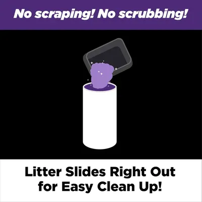 Demonstrates how the litter slides out of the container for easy cleanup, emphasizing the no-scraping, no-scrubbing convenience of the product. Highlights the product's easy cleanup benefit,…