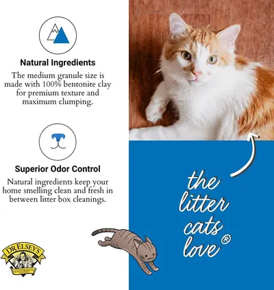 Communicates two distinct product benefits in a segmented layout: the natural bentonite clay composition for premium texture and clumping, and the odor control capability that keeps homes fresh…