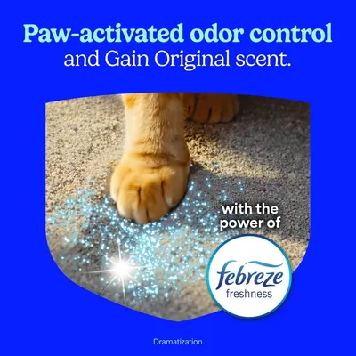 Communicates that the cat litter provides odor control activated by the cat's paw movement and features Gain Original scent with Febreze freshness technology.