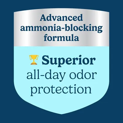 Communicates the product's advanced ammonia-blocking technology and superior all-day odor protection to reassure shoppers of its effectiveness.