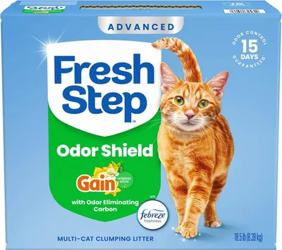 This is a clean product packaging shot showing the Fresh Step cat litter box with branding, product features, and an orange cat to help shoppers identify the product and its key benefits like odor…
