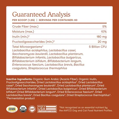 This image provides detailed nutritional and ingredient information to reassure shoppers about the product's quality, probiotic content, and transparency, helping them make an informed purchase…