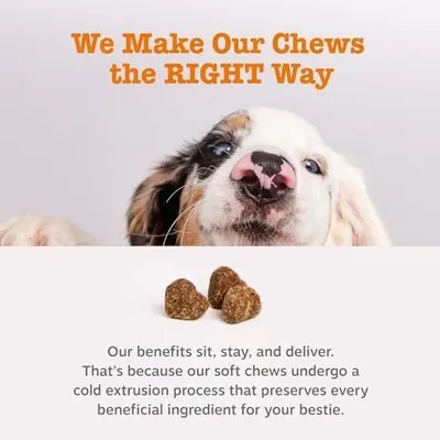 Communicates the brand's unique manufacturing process (cold extrusion) that preserves nutrients, reassuring shoppers about product quality and health benefits for their pets.