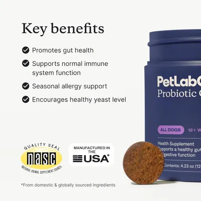 Communicates multiple health benefits of the probiotic supplement to reassure pet owners that the product supports comprehensive wellness for their dogs.