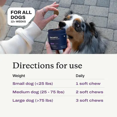 Provides clear dosage instructions based on dog weight to help shoppers understand how to properly administer the probiotic chews to their pets.