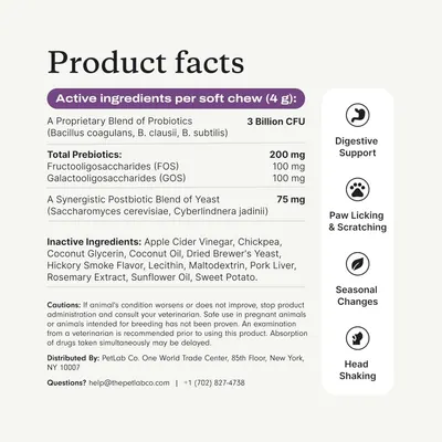Communicates multiple health benefits and applications of the probiotic supplement for pets, showing it addresses various common pet health concerns.