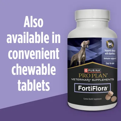 Informs shoppers that this Purina Pro Plan FortiFlora supplement is also available in a convenient chewable tablet format, offering an alternative to the current product form.
