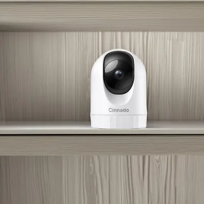 Demonstrates the product in a real-world home environment to help shoppers visualize how the security camera would look on a shelf in their own space.