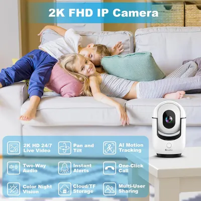 Communicates the comprehensive feature set of the IP camera to demonstrate its versatility and value as a home monitoring solution, reassuring shoppers of its advanced capabilities.
