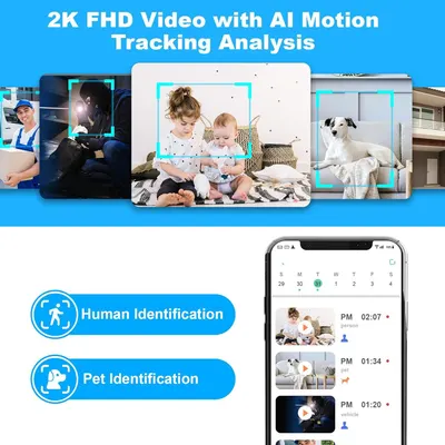 Communicates the security camera's multiple advanced features including high-resolution video, AI-powered motion tracking, and intelligent identification capabilities to reassure shoppers of…