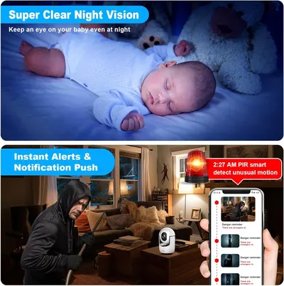 Communicates two distinct security camera benefits: clear night vision for baby monitoring and instant motion-triggered alerts with smartphone notifications.