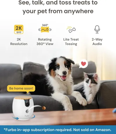 Showcases multiple distinct features of the pet camera in a segmented layout to demonstrate its comprehensive monitoring and interaction capabilities for pet owners.