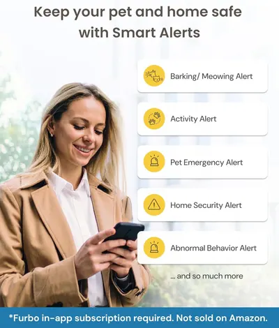 Communicates the multiple smart alert features available through the product, reassuring pet owners they can monitor and protect their pets and home remotely through various notification types.