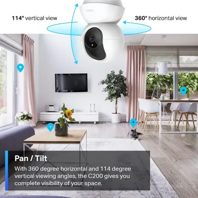 Communicates the camera's comprehensive coverage capabilities with specific viewing angle measurements to reassure shoppers of complete room monitoring. Demonstrates the primary benefit of complete…