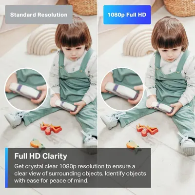 Demonstrates the superior video clarity of the 1080p Full HD camera compared to standard resolution, showing parents they can clearly monitor their child and identify objects for peace of mind.…