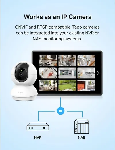 Demonstrates that the Tapo camera can be integrated into existing NVR or NAS monitoring systems using ONVIF and RTSP protocols, showing versatility and compatibility with professional surveillance…