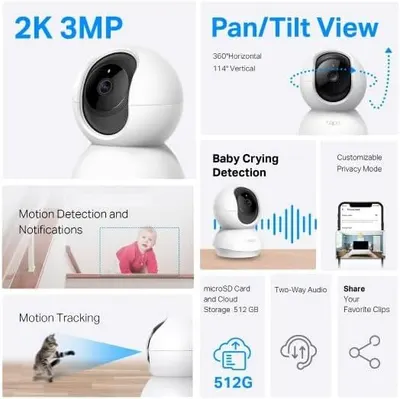This image showcases multiple distinct features and benefits of the security camera in a segmented grid layout, helping shoppers understand the comprehensive capabilities of the product including…