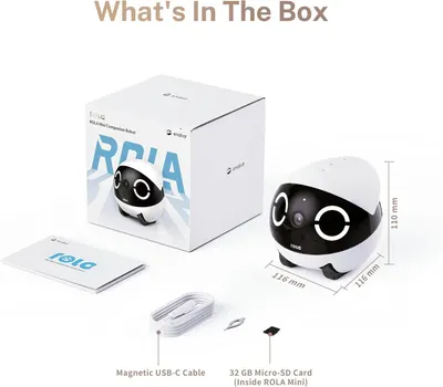 Shows the customer everything included in the purchase: the ROLA Mini robot, packaging box, instruction manual, magnetic USB-C cable, and 32 GB micro-SD card to set clear expectations. Provides…