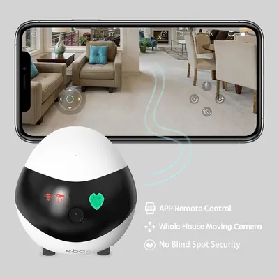 Communicates three distinct benefits of the security camera: app-based remote control, 360-degree movement capability, and comprehensive security coverage with no blind spots.
