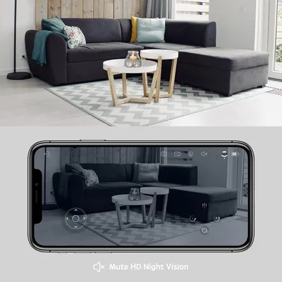 Demonstrates the product's HD night vision capability with mute functionality, showing shoppers how the camera captures clear footage in low-light conditions through a mobile app interface.