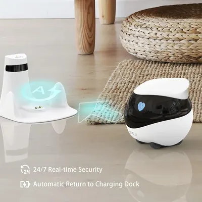 Communicates two distinct benefits of the robotic security device: continuous monitoring capability and autonomous charging functionality to reassure shoppers about reliability and convenience.